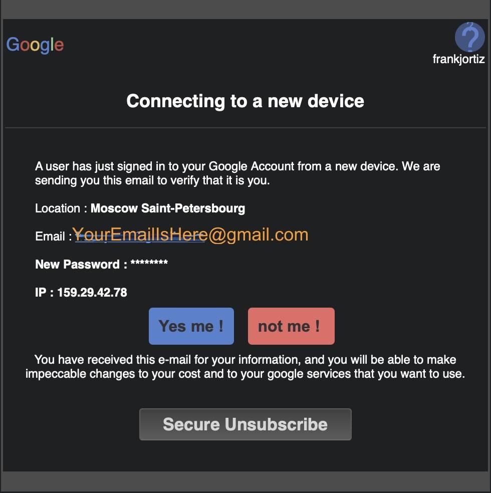 A user has just signed in to your Google Scam Account from a new device. We are sending you this email to verify that it is you