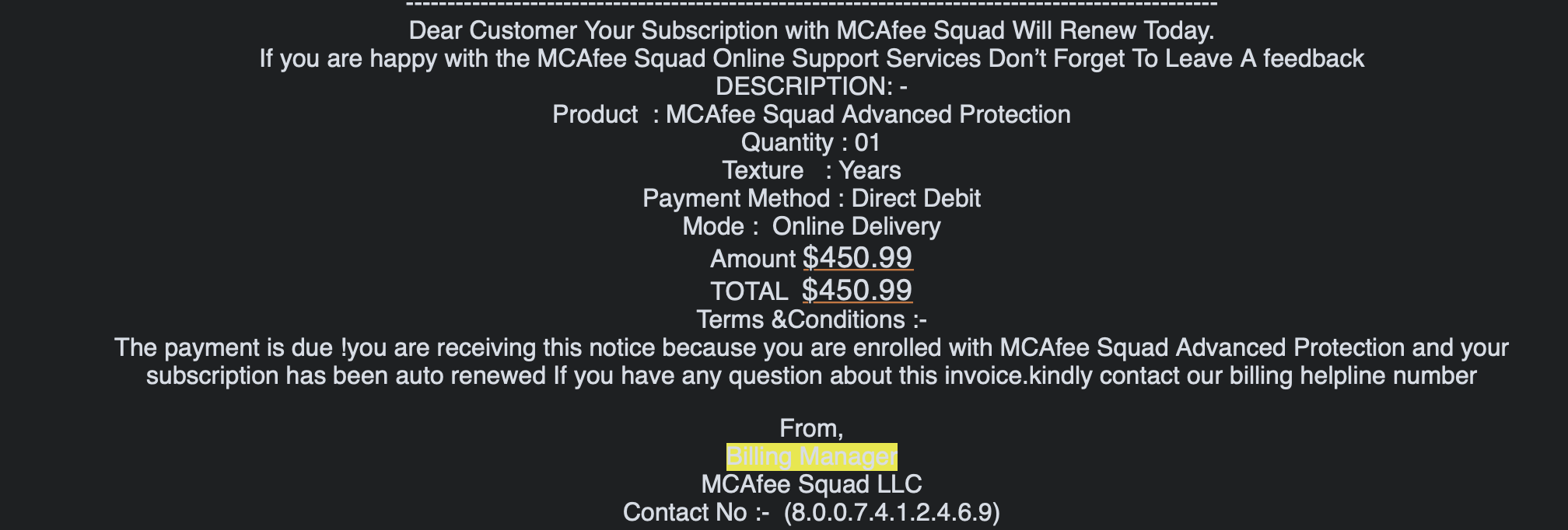 MCAfee Squad Support Scam 800-741-2469