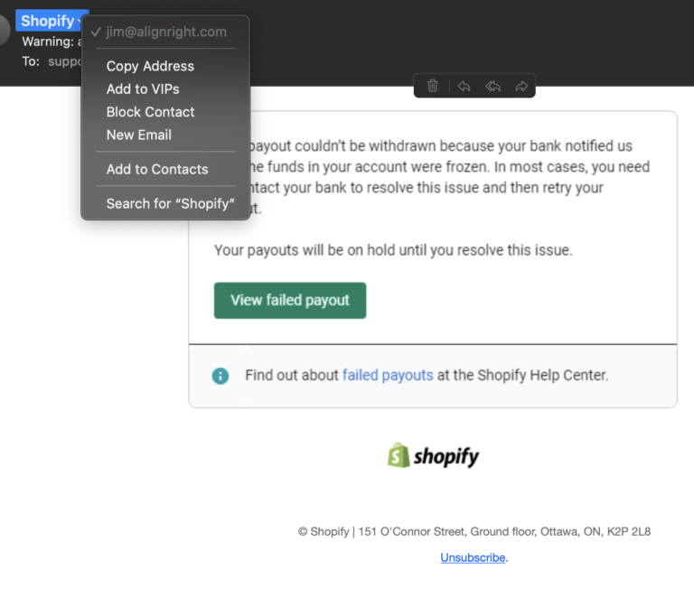 Fake Shopify Failed Payout Email - Zitrod