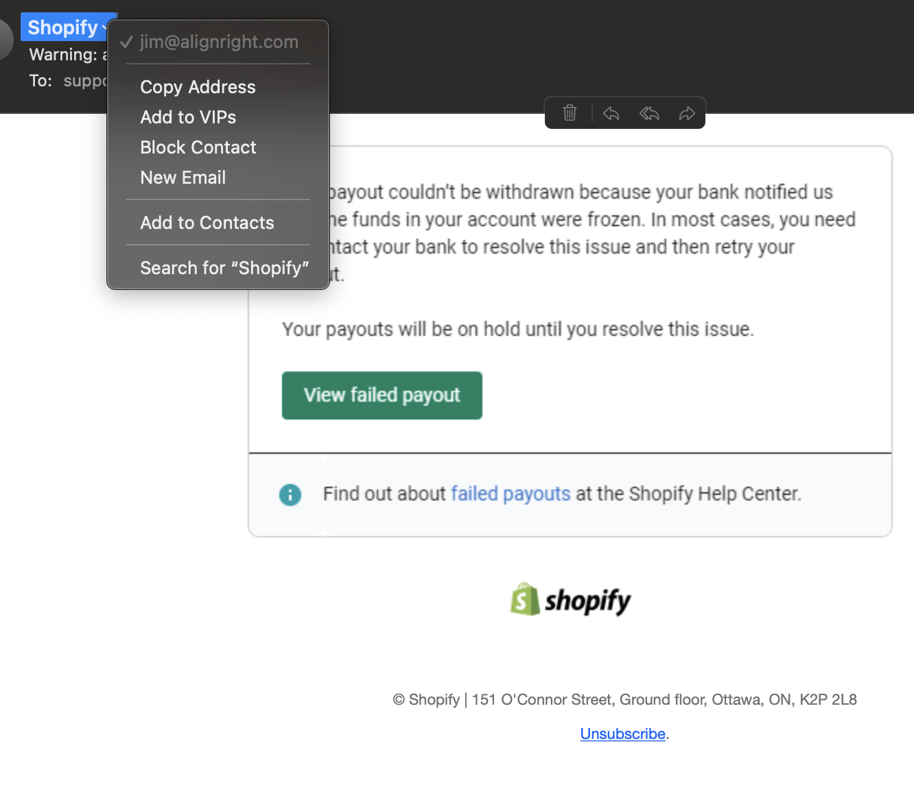 Shopify Failed Payout Email