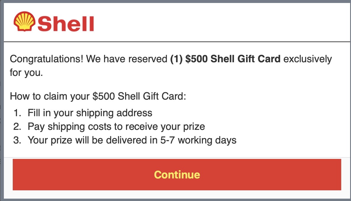 Shell Gas Reward Card Scam - Pay for shipping