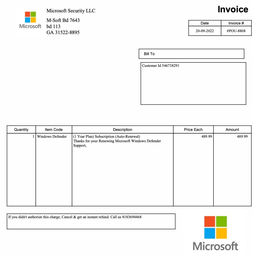 Invoice from Microsoft Security LLC