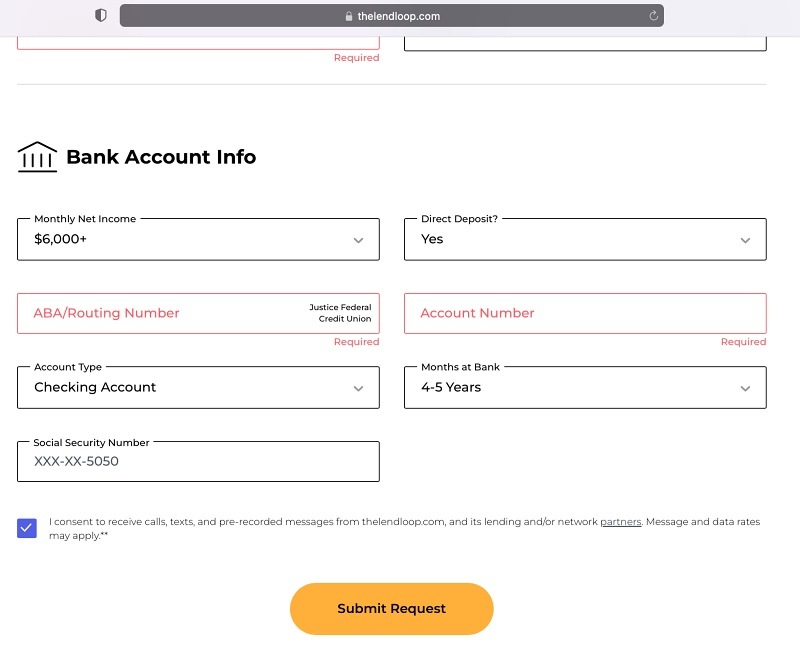 The Lend Loop Bank Account information